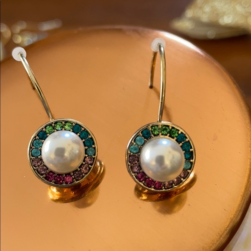 Fun Rainbow Rhinestones with Pearl Wire Earrings